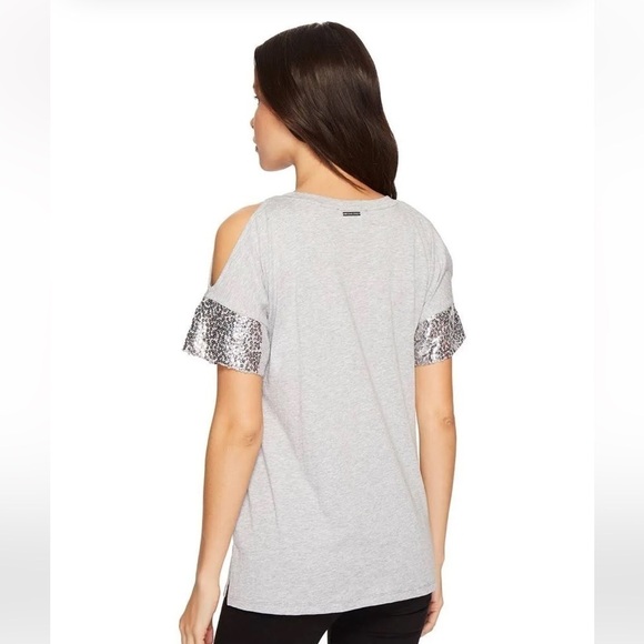 MICHAEL KORS Sequin Cold Shoulder Gray Short Sleeve Top - Picture 4 of 13